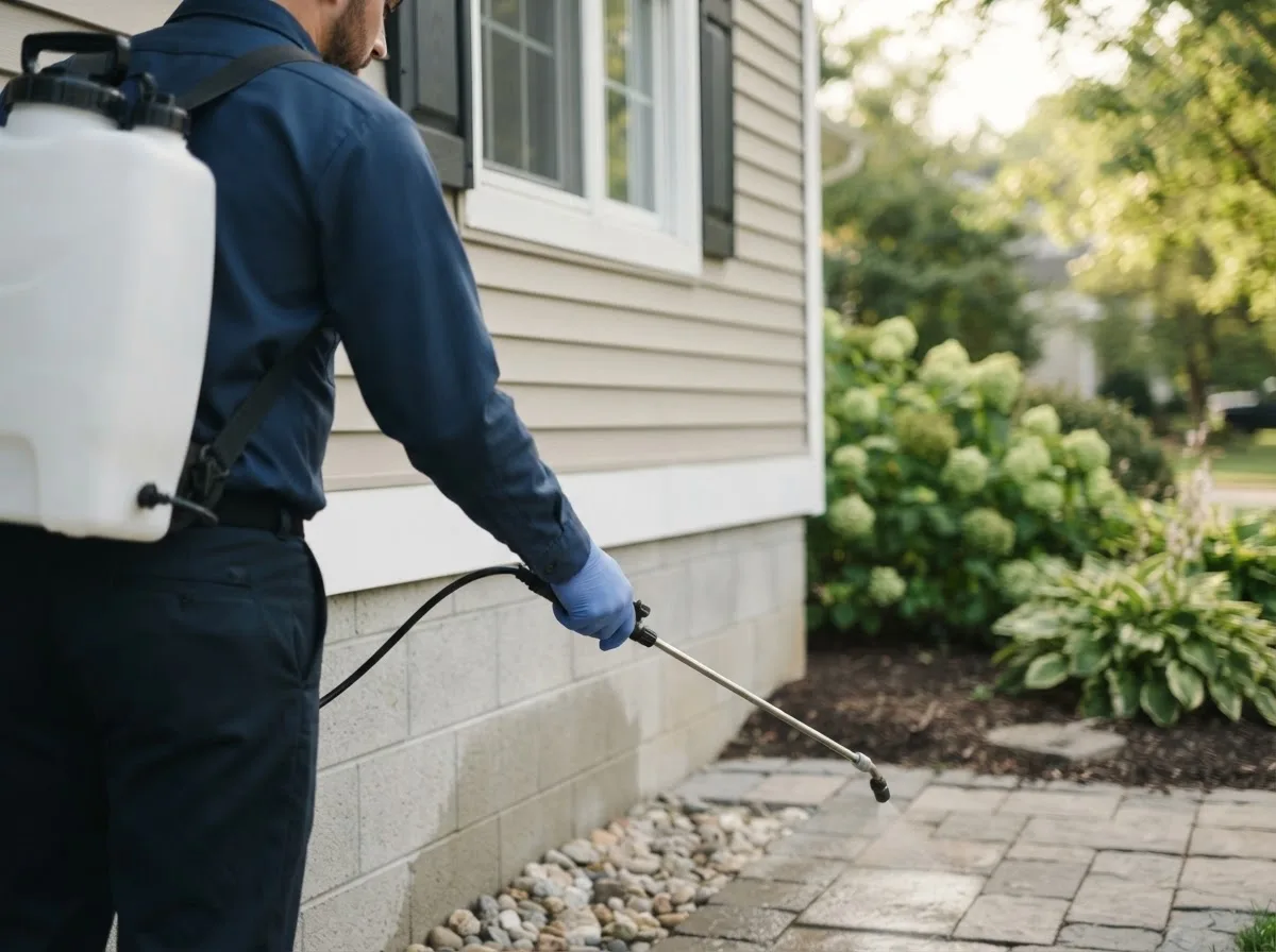 Pest control technician inspecting a home in Deckerville, MI